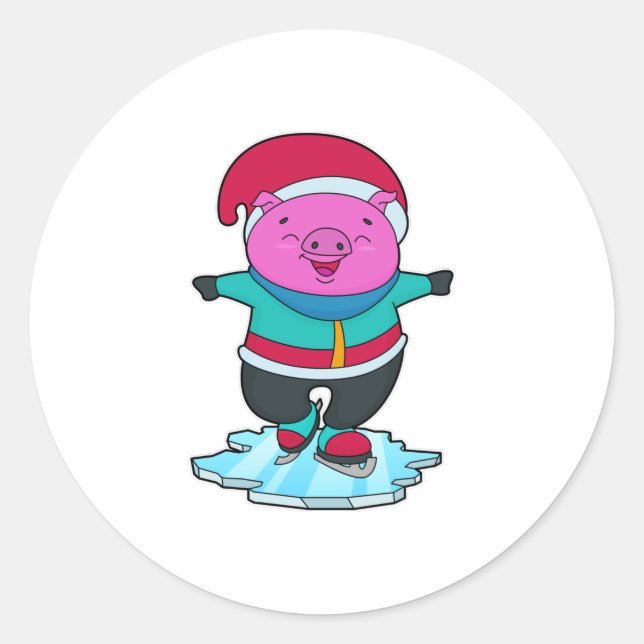 Pig at Ice skating with Ice skates & Hat Classic Round Sticker (Front)
