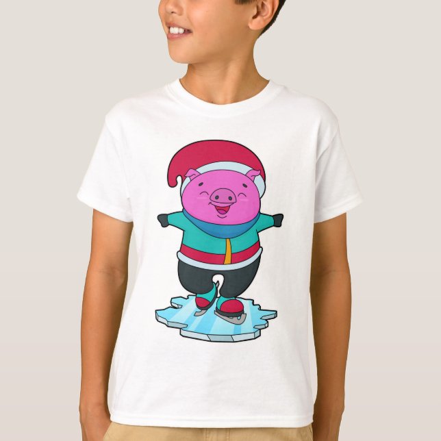 Pig at Ice skating with Ice skates & Hat T-Shirt (Front)