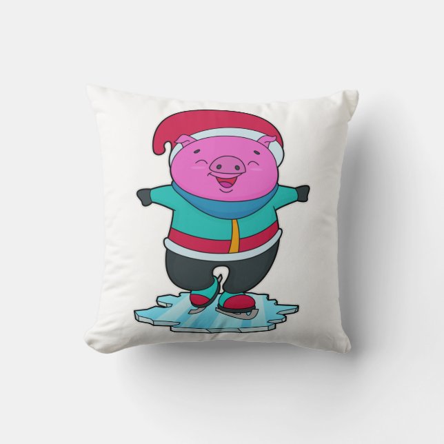 Pig at Ice skating with Ice skates & Hat Throw Pillow (Front)