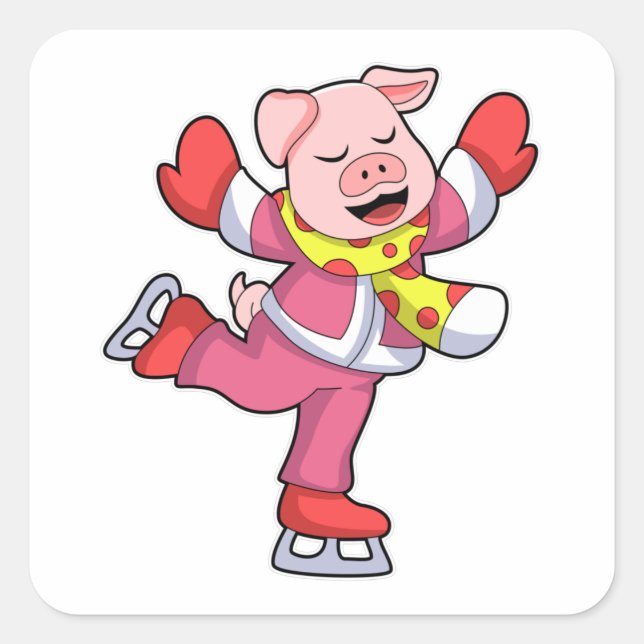 Pig at Ice skating with Ice skates Square Sticker (Front)