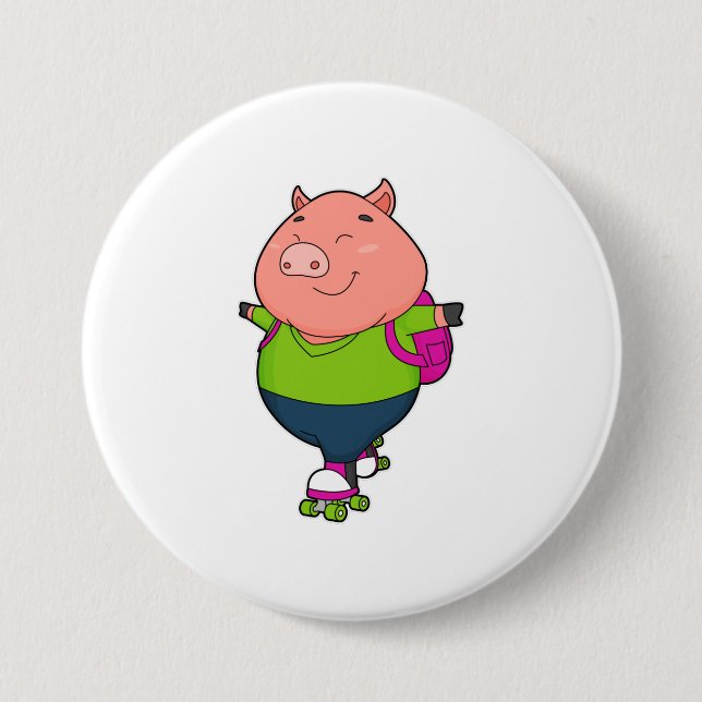 Pig at Inline skating with Roller skates 3 Inch Round Button (Front)
