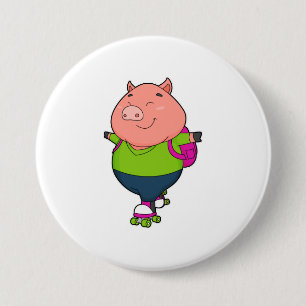 Pig at Inline skating with Roller skates 3 Inch Round Button