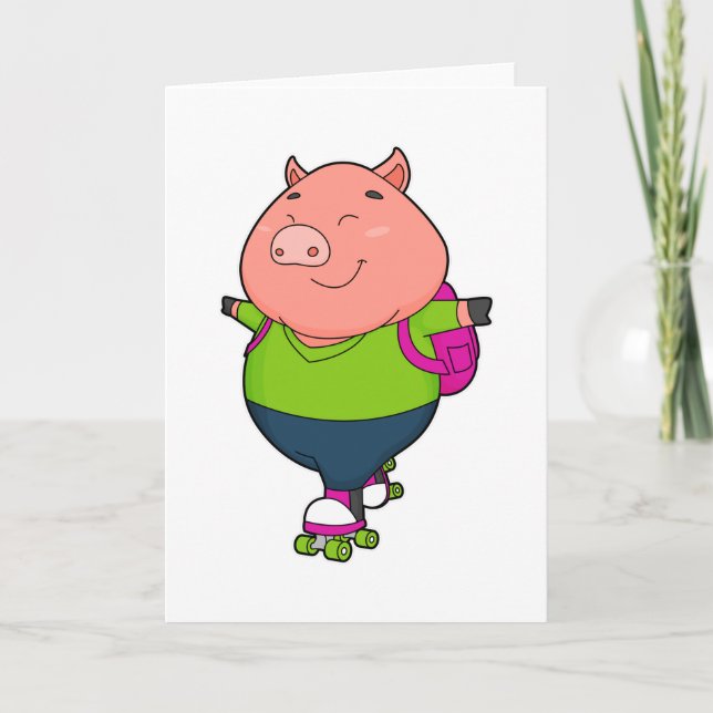 Pig at Inline skating with Roller skates Card (Front)