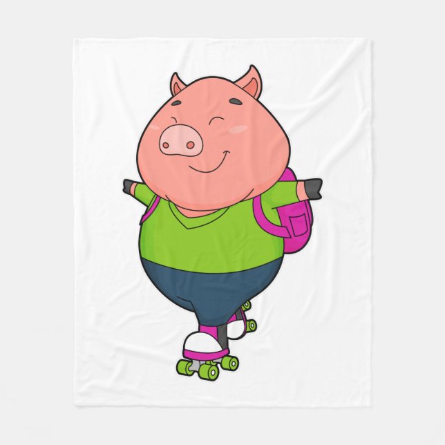 Pig at Inline skating with Roller skates Fleece Blanket (Front)