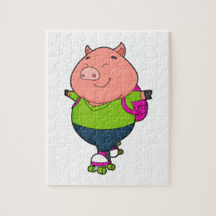 Pig at Inline skating with Roller skates Jigsaw Puzzle