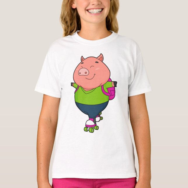 Pig at Inline skating with Roller skates T-Shirt (Front)