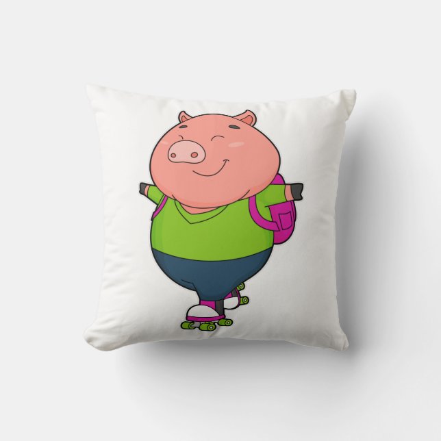 Pig at Inline skating with Roller skates Throw Pillow (Front)