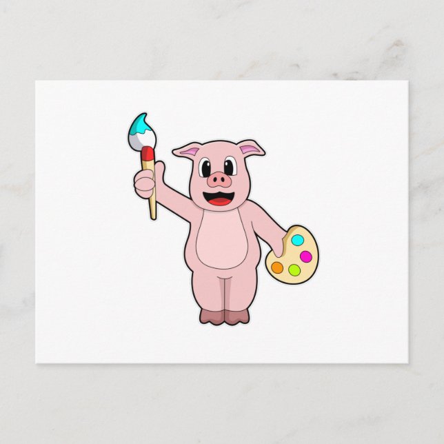 Pig at Painting with Brush & Colour Postcard (Front)