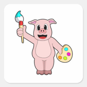 Pig at Painting with Brush & Colour Square Sticker