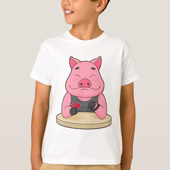 Pig at Poker with Poker cards T-Shirt (Front)