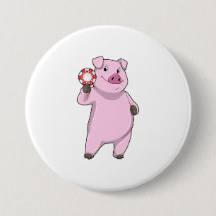 Pig at Poker with Poker chips 3 Inch Round Button