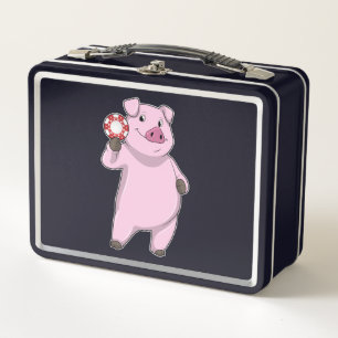 Pig at Poker with Poker chips Metal Lunch Box