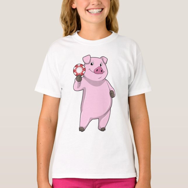 Pig at Poker with Poker chips T-Shirt (Front)