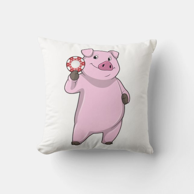 Pig at Poker with Poker chips Throw Pillow (Front)