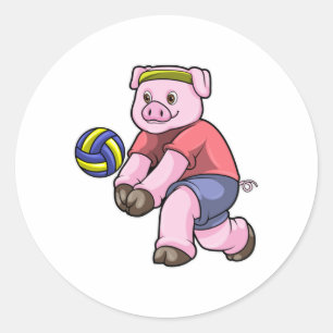 Pig at Sports with Volleyball Classic Round Sticker