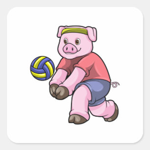 Pig at Sports with Volleyball Square Sticker