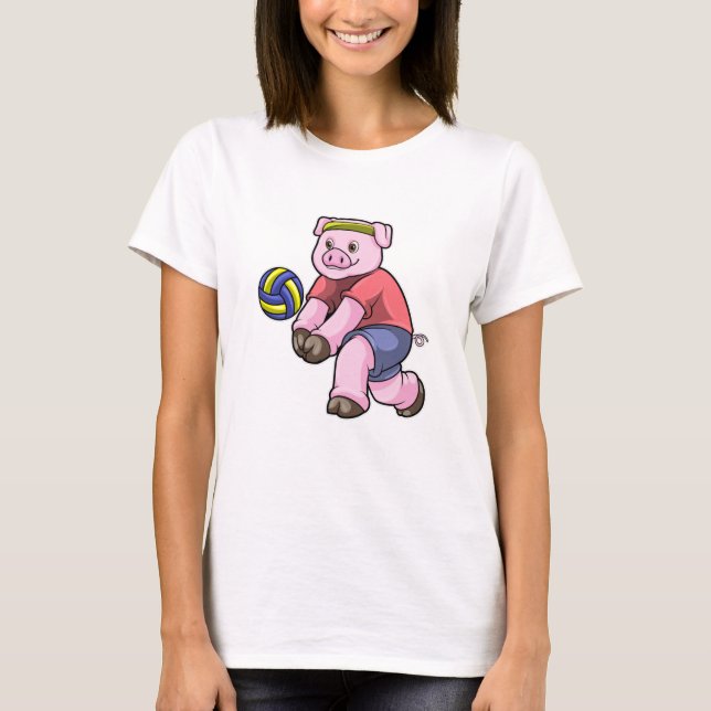 Pig at Sports with Volleyball T-Shirt (Front)