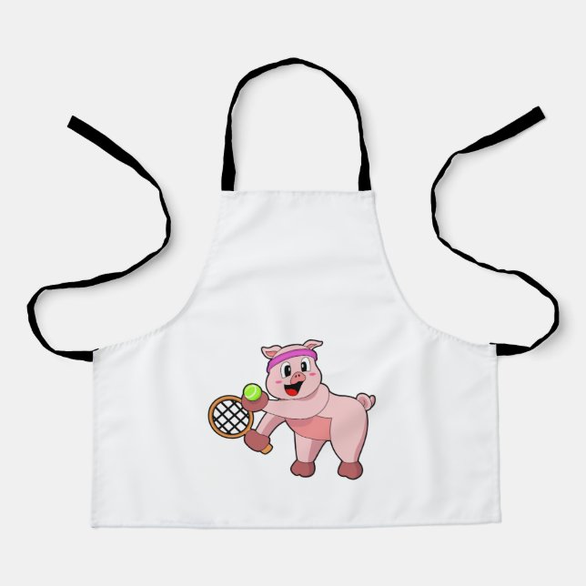 Pig at Tennis with Tennis racket Apron (Front)