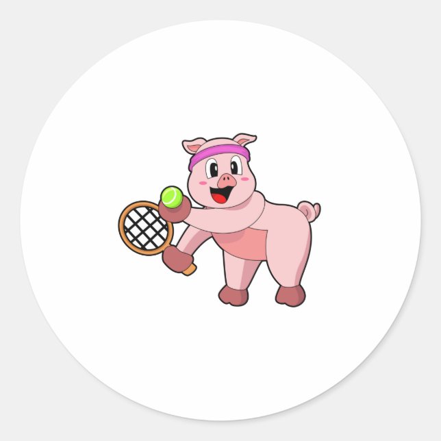 Pig at Tennis with Tennis racket Classic Round Sticker (Front)