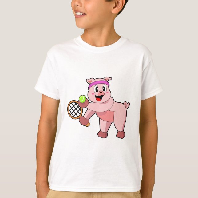 Pig at Tennis with Tennis racket T-Shirt (Front)