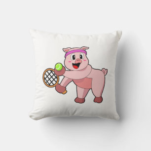 Pig at Tennis with Tennis racket Throw Pillow
