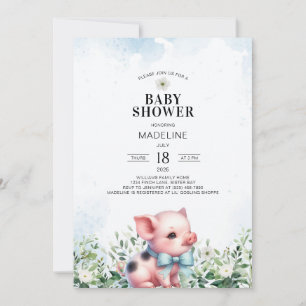 Pig avec Bow Blue Boy Baby shower Invitation