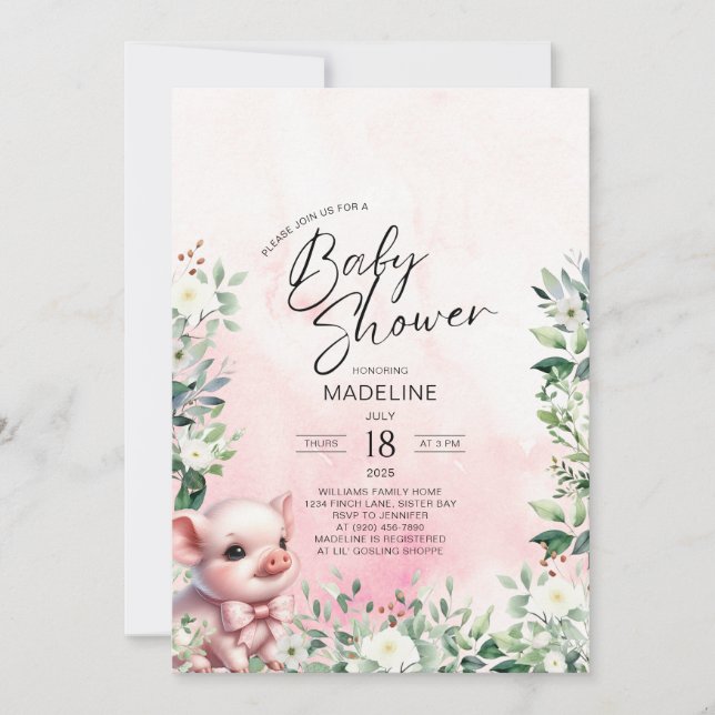 Pig avec Bow rose fille Baby shower Invitation (Devant)