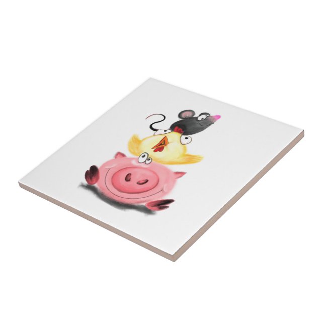 Pig Chicken and Mouse Friends Funny Ceramic Tile (Side)