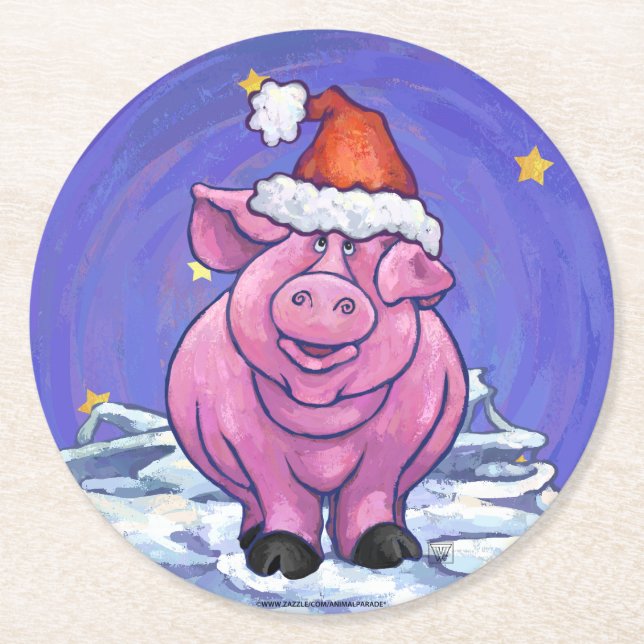 Pig Christmas Round Paper Coaster (Front)