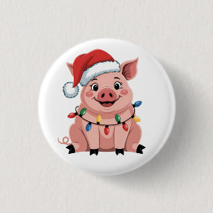 Pig Christmas Santa Hat Xmas Holiday Xmas Pigmass 1 Inch Round Button