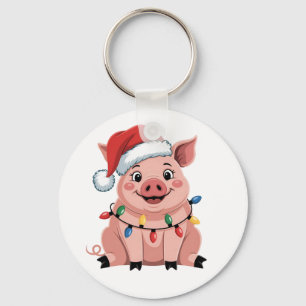 Pig Christmas Santa Hat Xmas Holiday Xmas Pigmass Keychain
