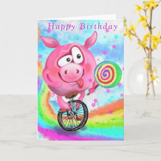 Pig Cyclist with Lollipop Funny Birthday Card (Yellow Flower)