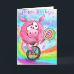 Pig Cyclist with Lollipop Funny Birthday Card<br><div class="desc">Funny Birthday Cards with Happy Circus Acrobat Pig Cyclist Licks Lollipop - MIGNED Painting - Customizable</div>