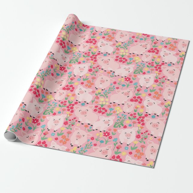 Pig Farm Animal Floral Rustic Birthday Party Wrapping Paper (Unrolled)