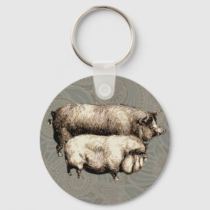 Pig Farm Country Antique Illustration Art Keychain