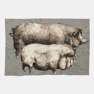 Pig Farm Country Antique Illustration Art Kitchen Towel
