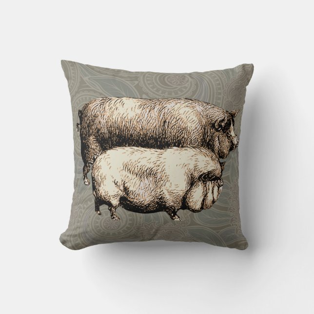 Pig Farm Country Antique Illustration Art Throw Pillow (Front)