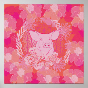 pig,flower of life, blue, mandala,zen,chakra,patt poster