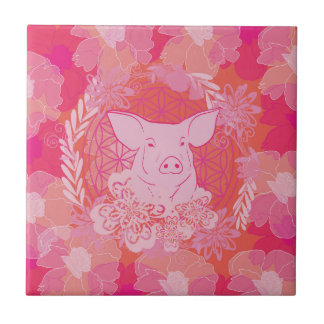 pig,flower of life, blue, mandala,zen,chakra,patt tile