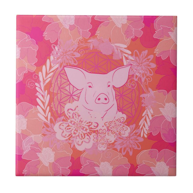 pig,flower of life, blue, mandala,zen,chakra,patt tile (Front)