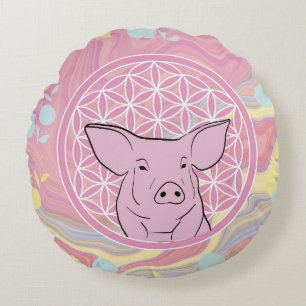 pig,flower of life, rose, mandala,zen,chakra, round pillow