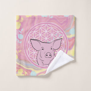 pig,flower of life, rose, mandala,zen,chakra, wash cloth