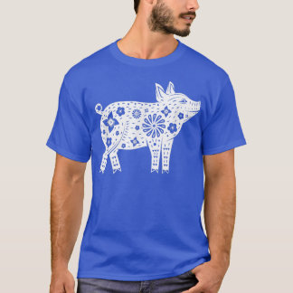 Pig Flowers Outline Pig Decoration Lunar Floral T-Shirt