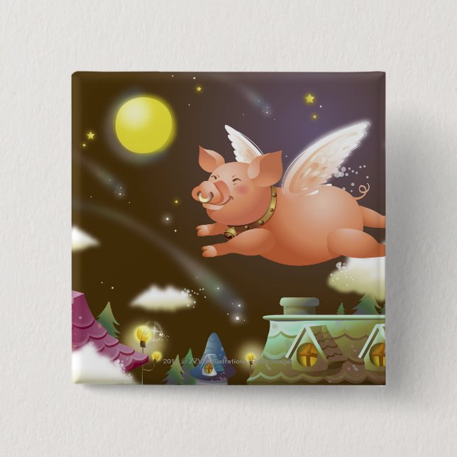 Pig flying in the sky 2 inch square button (Front)