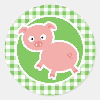 Pig; Green Gingham Classic Round Sticker