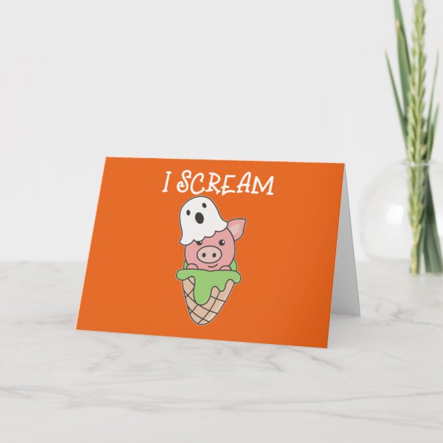 Pig Halloween Ghost I Scream Ice Cream Pun Holiday Card (Front)