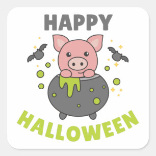 Pig Happy Halloween Cauldron Bat Square Sticker
