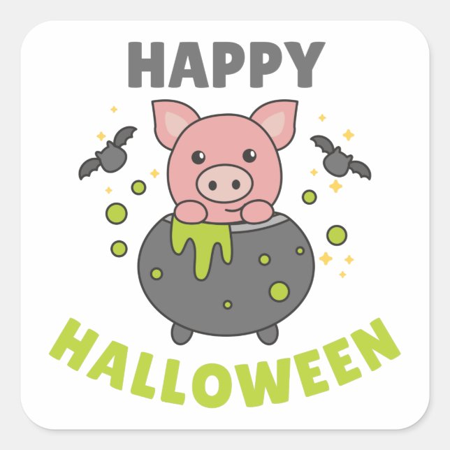Pig Happy Halloween Cauldron Bat Square Sticker (Front)