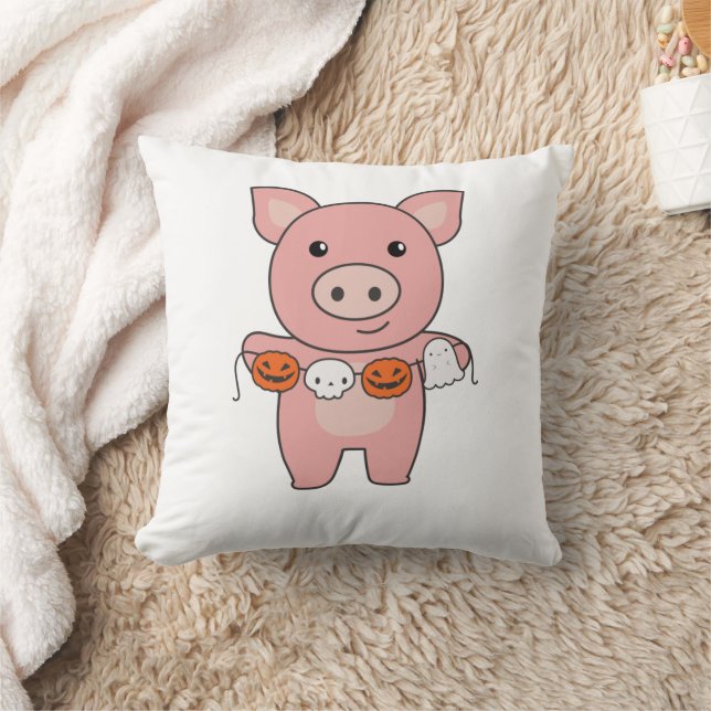 Pig Happy Halloween Pumpkin Bat Costume Throw Pillow (Blanket)