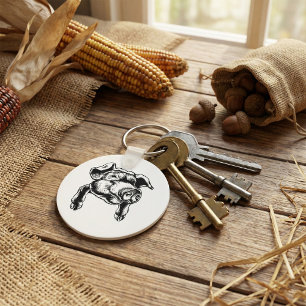 Pig Head Farm Animal Drawing in Black White Keychain